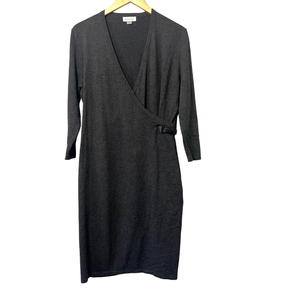 Calvin Klein Charcoal‎ Gray Faux Wrap Sweater Dress L Professional Minimalist